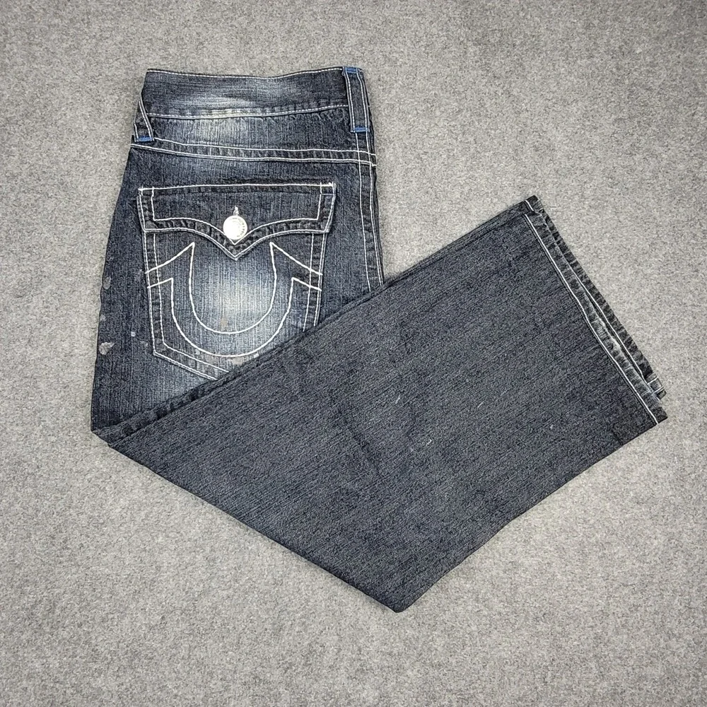 True Religion Ricky Jeans Mens 38x24 Blue Paint Splatter Contrast Stitch USA